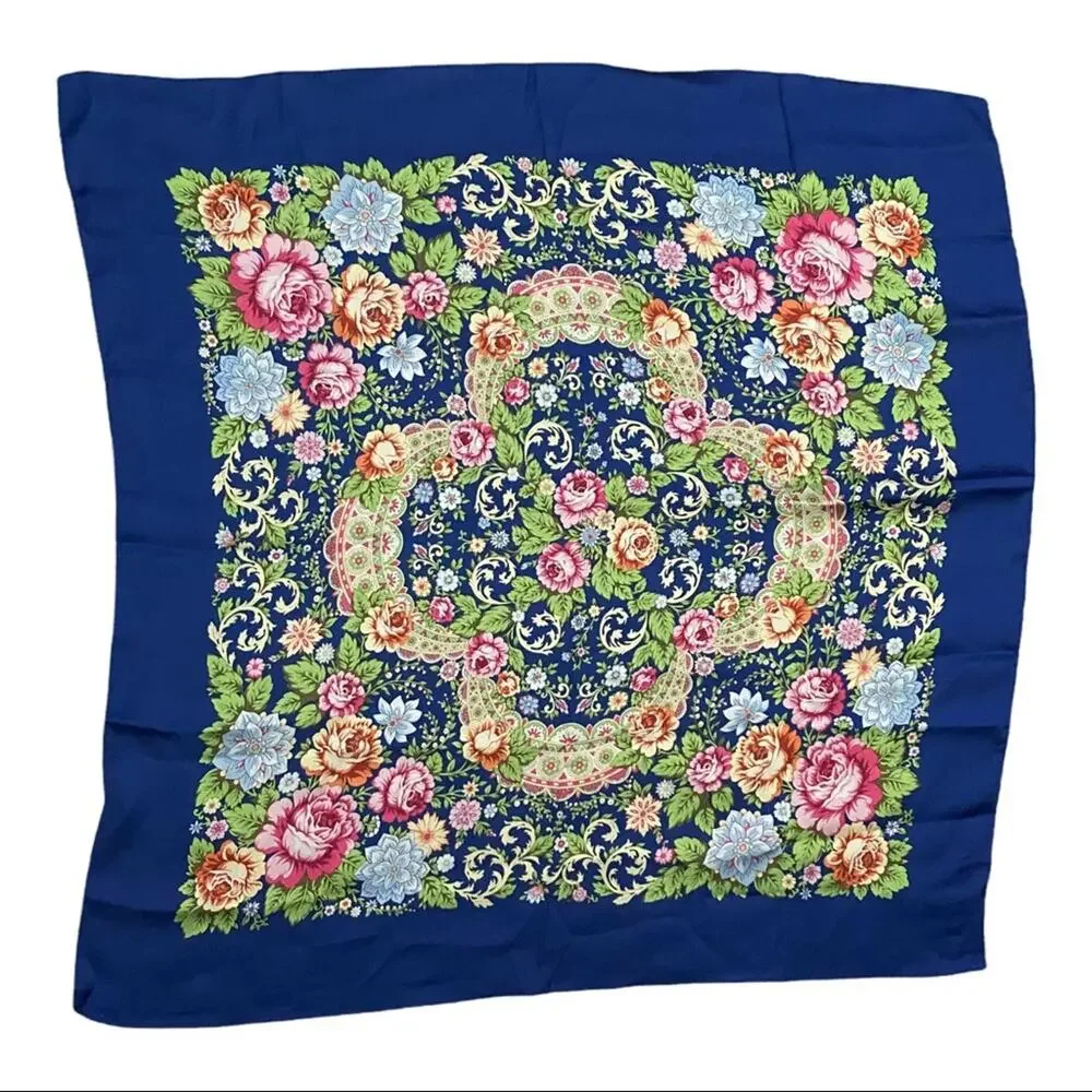 Satin Blue Floral Neck Hair Scarf NEW